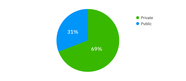 Pie chart of public versus private showing roughly one-third are publice