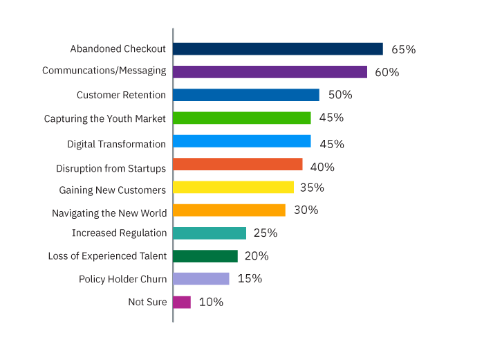 Chart showing respondents challenges. Top 3 responses were abandoned checkout, communications/messaging and customer retention.