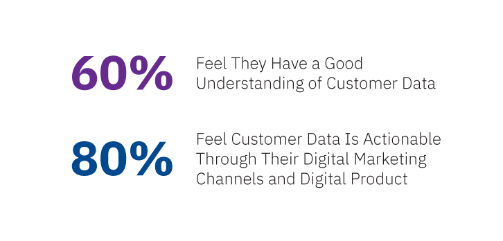 Graphic with data: 60% feel they have a good understanding of customer data. 80% feel customer data is actionable through digital marketing channels and digital product