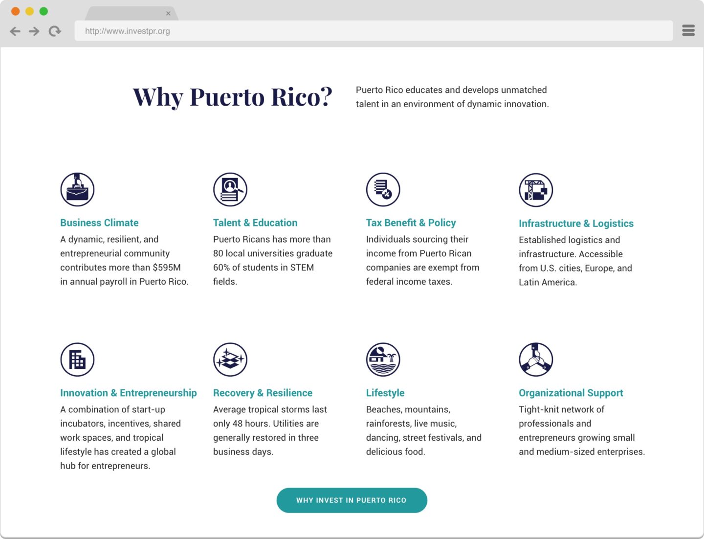 Desktop view of page design for Invest Puerto Rico