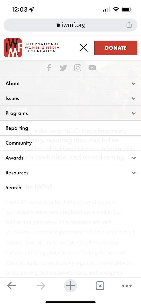 Screenshot of the International Women's Media Foundation website's mobile navigation menu