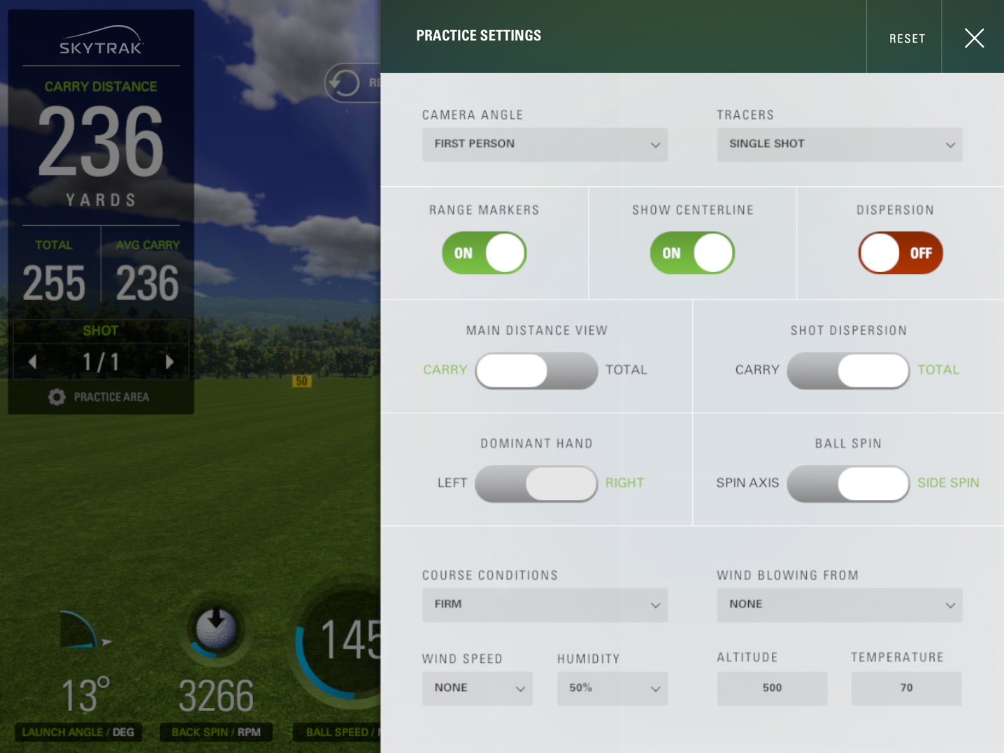 Skytrak practice settings design example