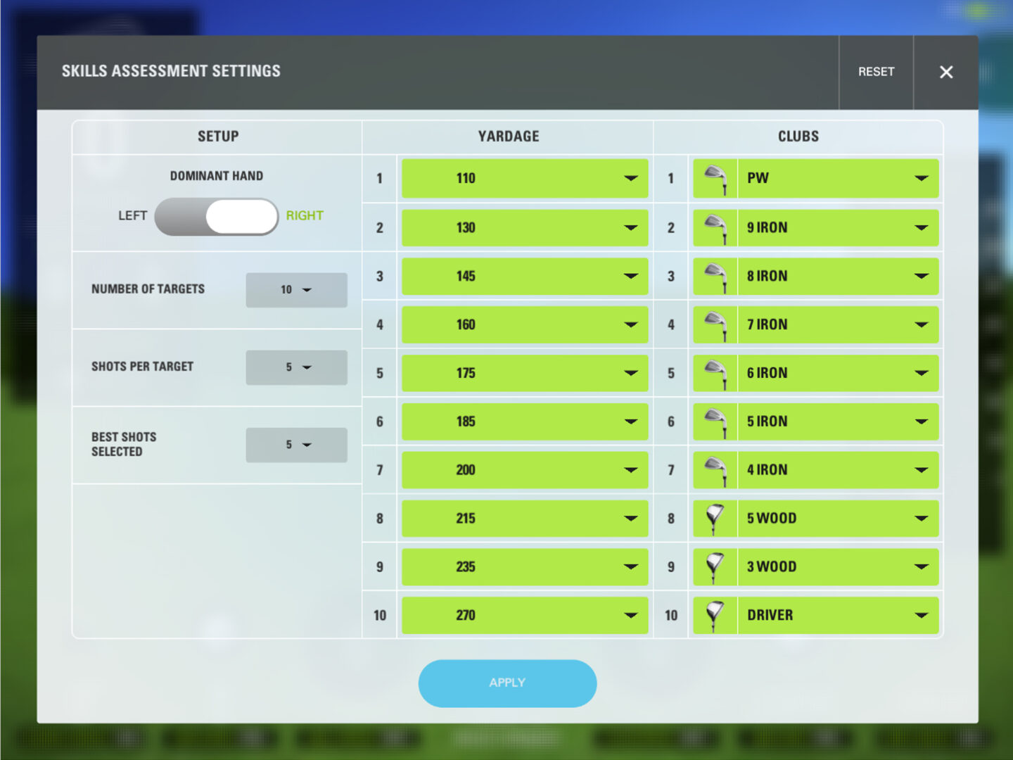 Skytrak skill assessment settings design example