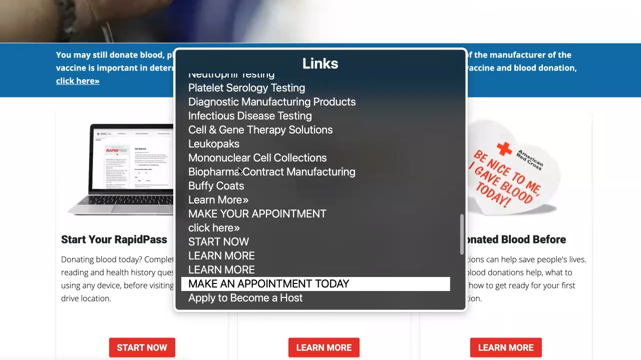 Example of a links menu as seen from a screen reader