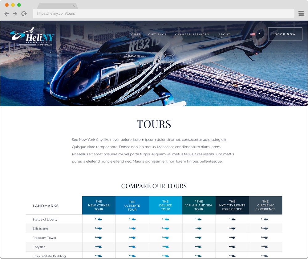 HeliNY.com tours page design example