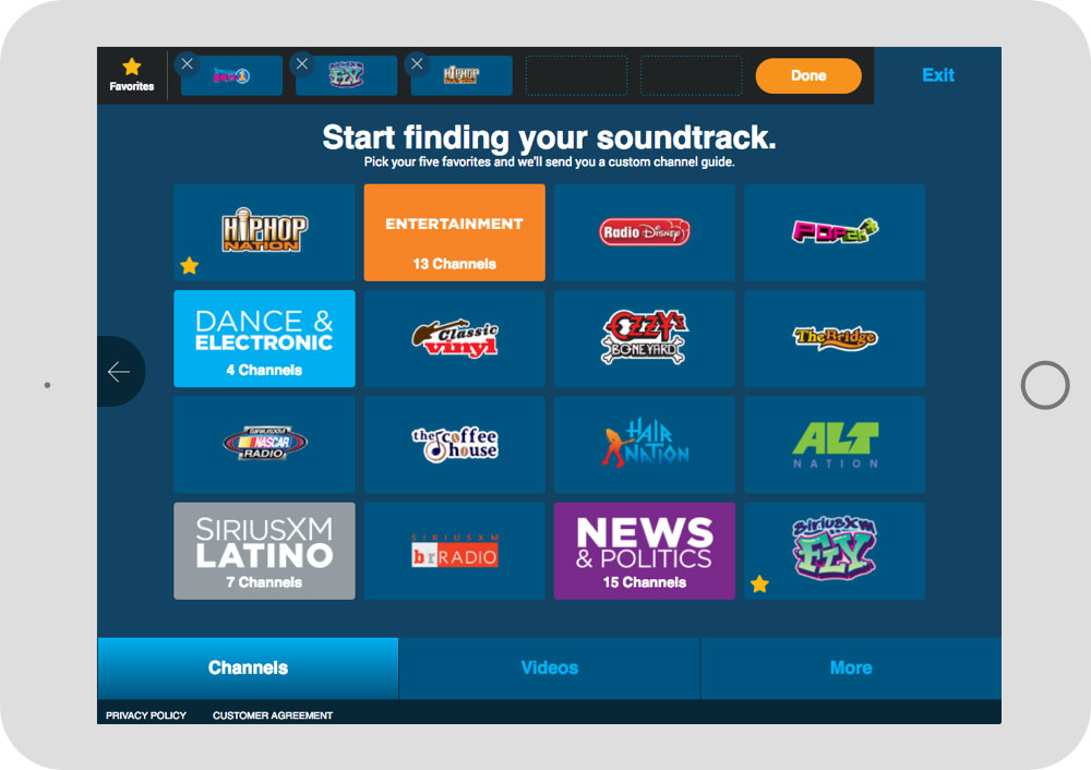 SiriusXM Kiosk stations list design example