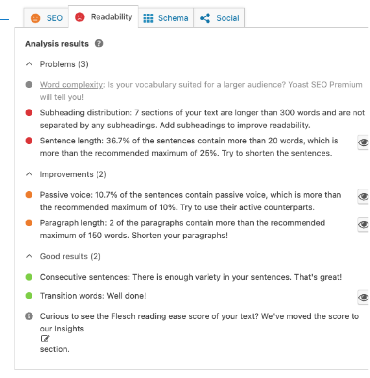 Recommendations for better readability from the Yoast WordPress plugin