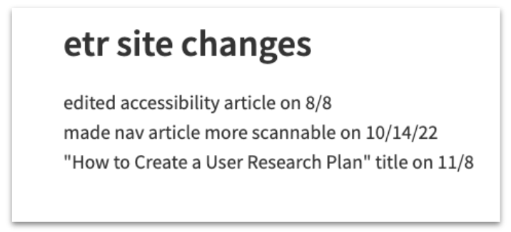 Log of etr site changes 