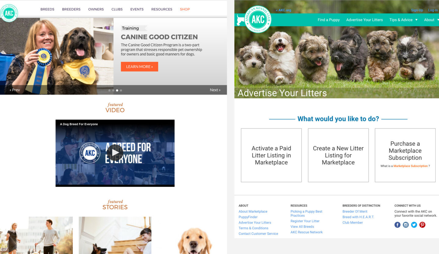 Images of the AKC website before the redesign