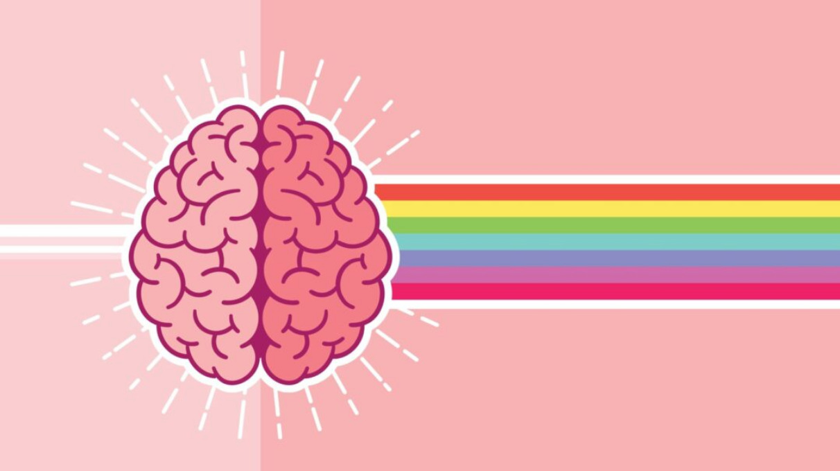 Illustration of a brain with a rainbow coming out of it.
