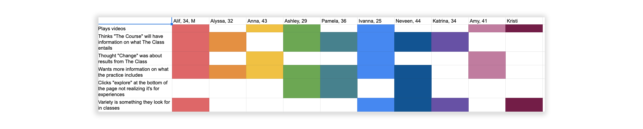 A color-coordinated spreadsheet showing names of participants and observations