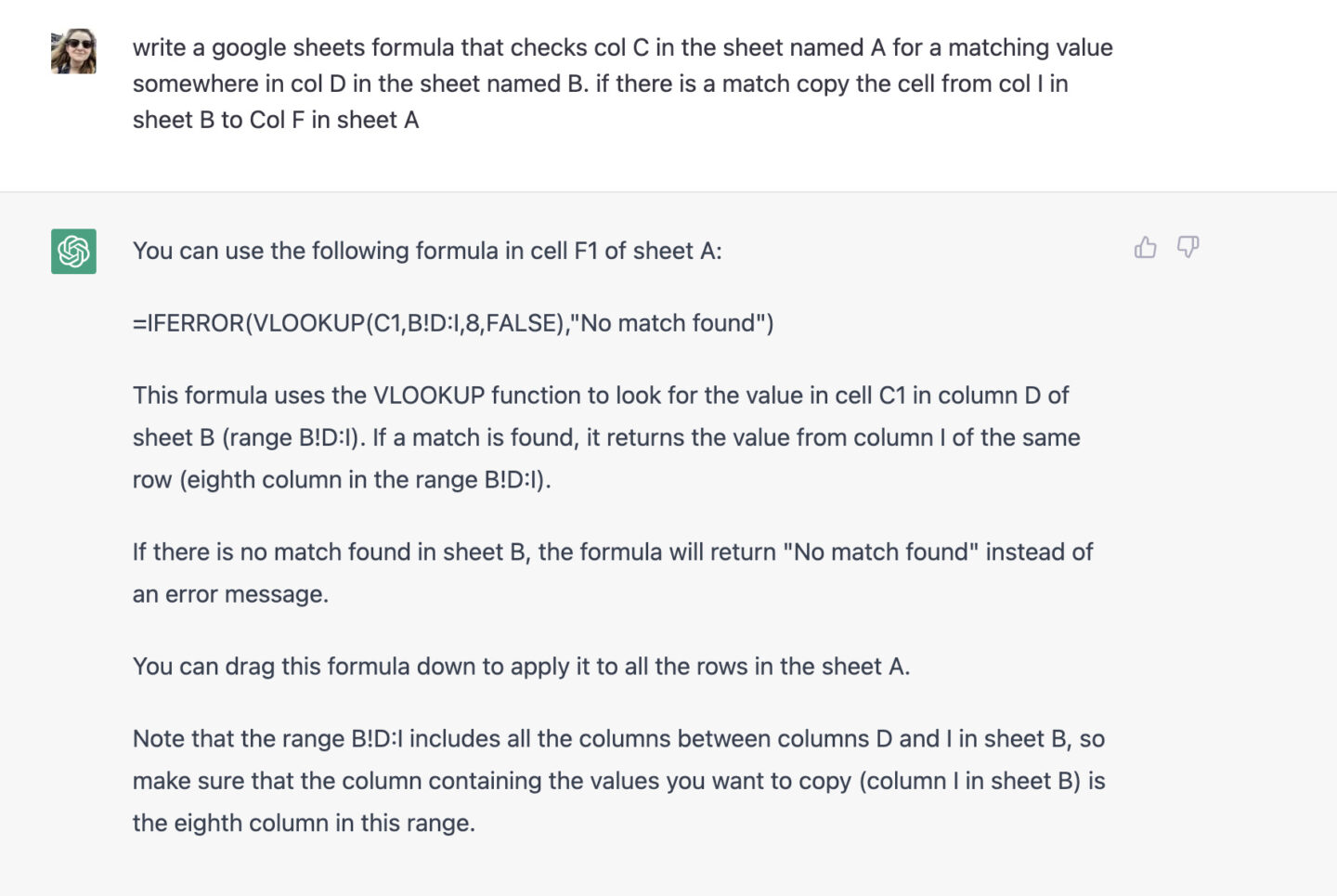 Asking ChatGPT to write a google sheets formula and its response