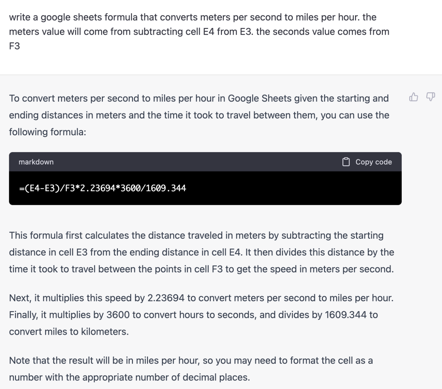 Using ChatGPT to convert meters per second to miles per hour.