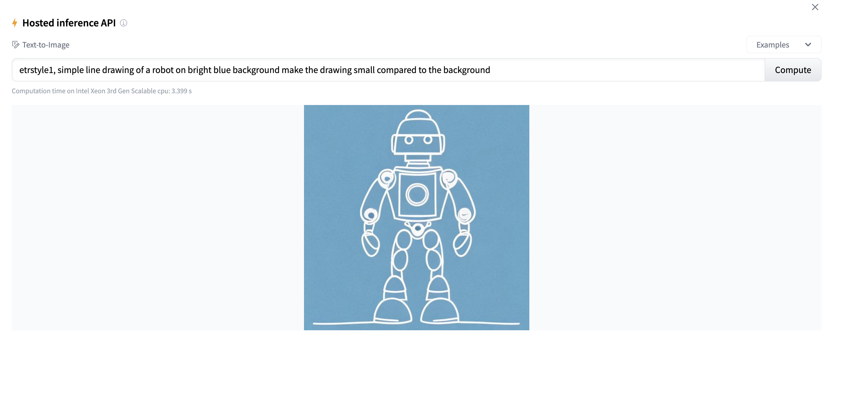 A robot line drawing output from the AI based on the prompt "simple line drawing of a robot on bright blue background" and training data