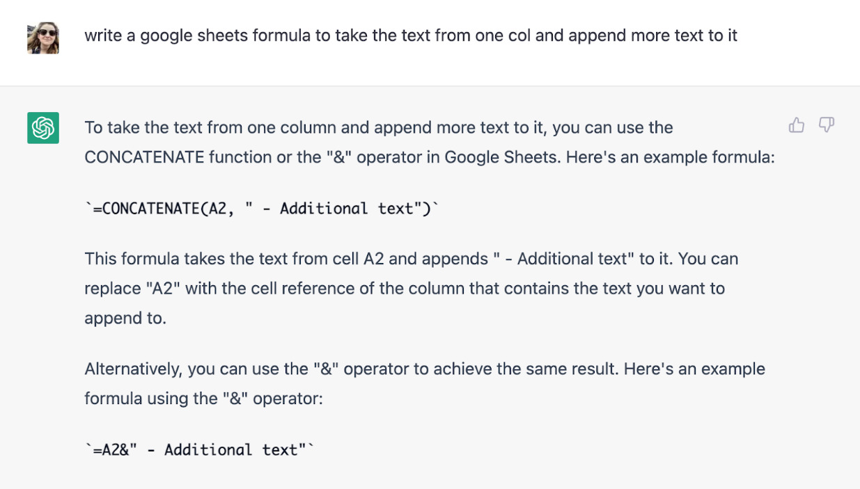 Asking ChatGPT to write a google sheets formula to take text from one column and add more text.