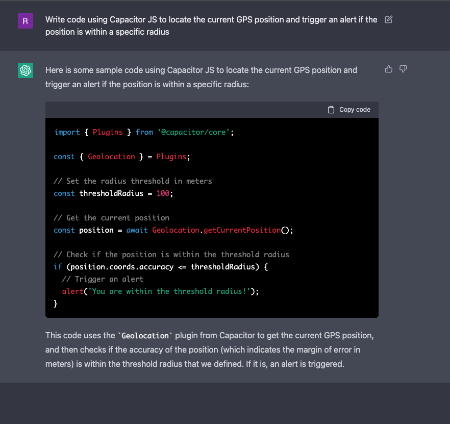 ChatGPT responds to a prompt asking it to generate code for GPS usage using a specific framework. ChatGPT responds with sample code.