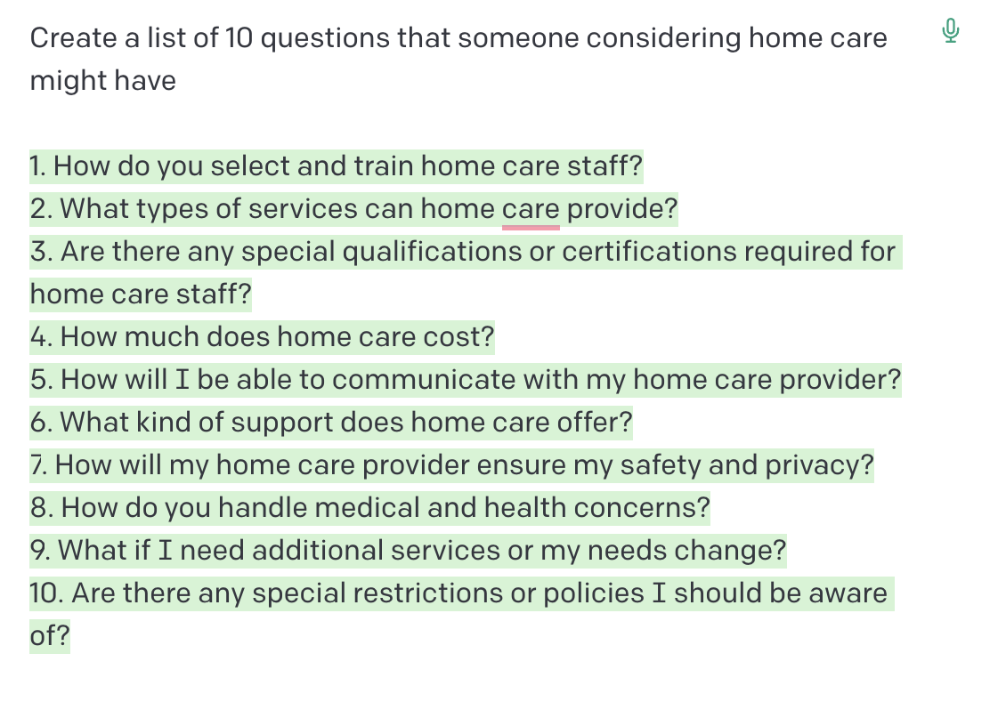 Asking Chat GPT for a list of 10 questions that someone considering home care might have