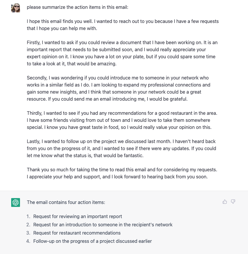 Requesting an email to be summarized by ChatGPT