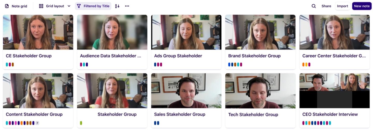 A screenshot from the user research app Dovetail showing the recordings from various stakeholder interviews