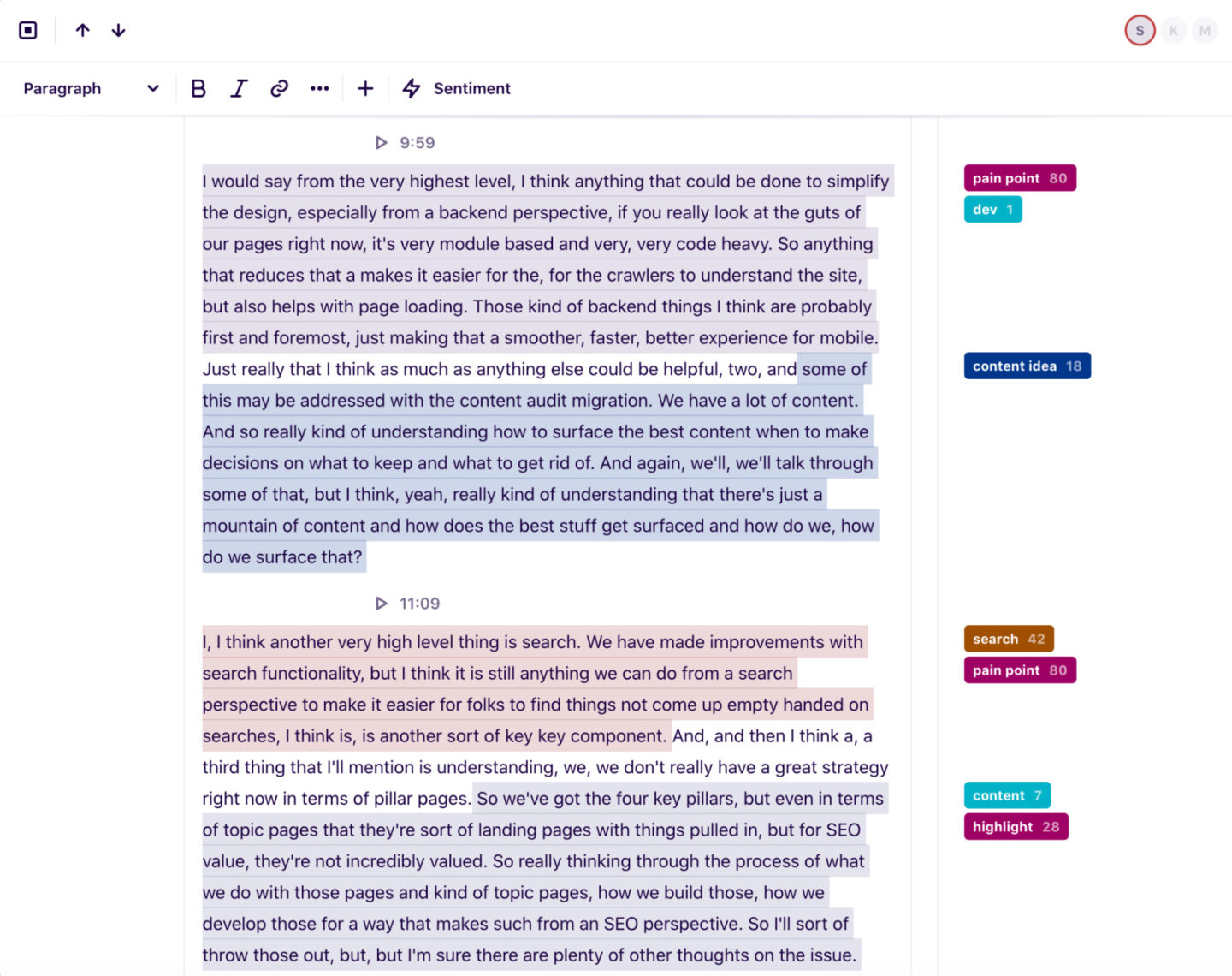 A transcript in Dovetail tagged with key highlights