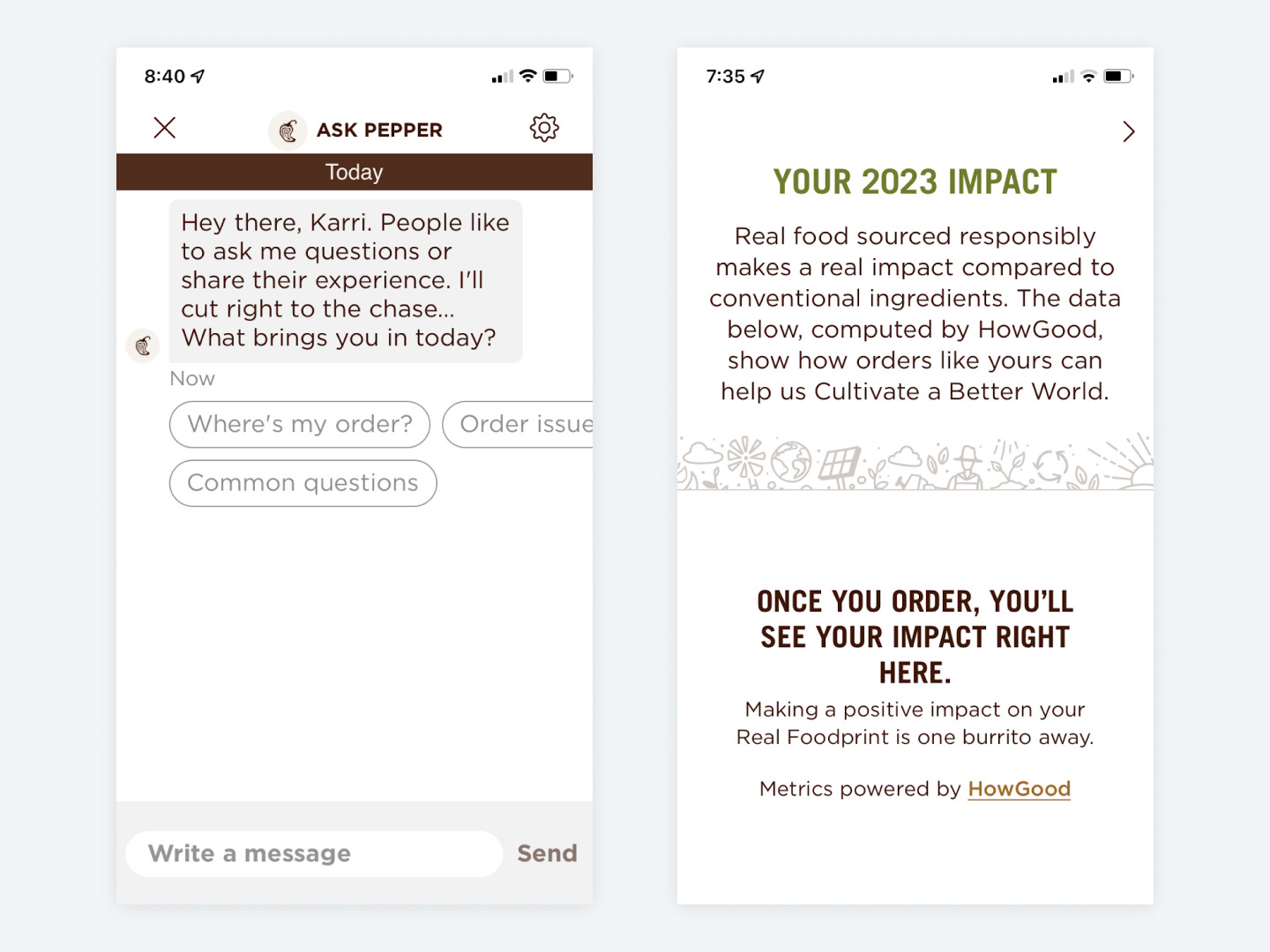 Screenshots of the Chipotle app