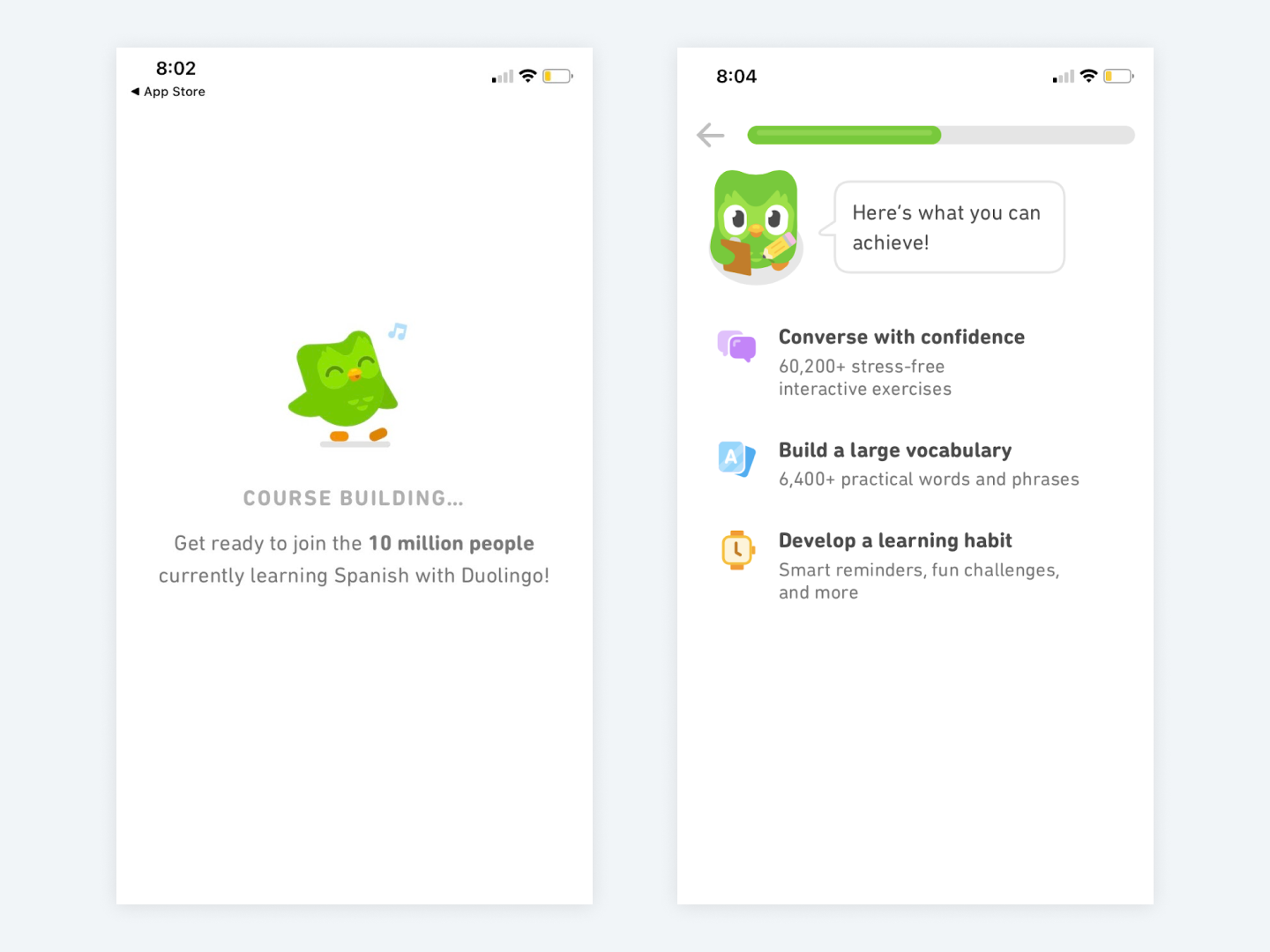 Screenshots of the Duolingo app
