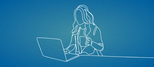 Illustration of a person at laptop with coffee