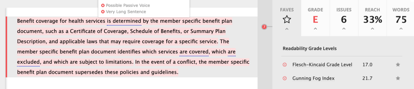 Screenshot from Readable evaluating a healthcare related paragraph. It gets a low score because of long sentences and a passive voice.