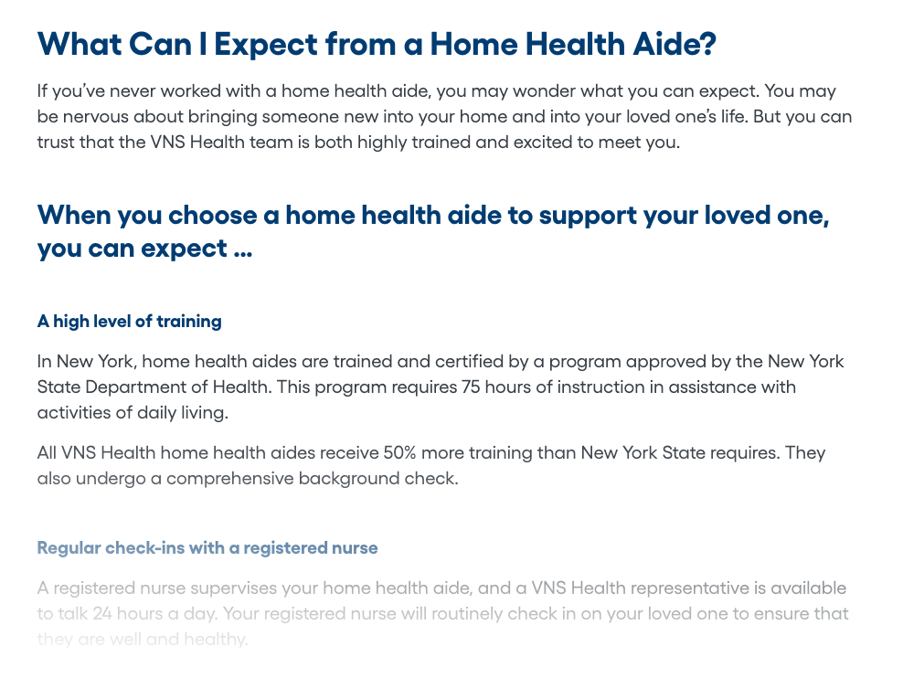 Paragraph from the VNS Health website detailing what someone can expect from a home health aide