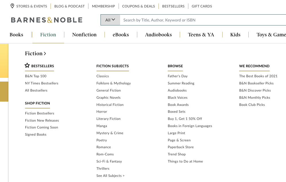 Screenshot of the Barnes and Noble website, showing the Fiction drop down open.