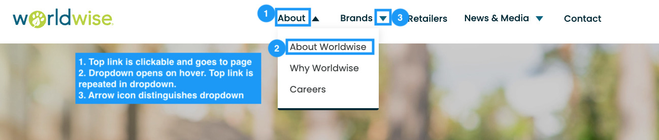 Screenshot of Worldwise.com showing all of the navigation best practices learned. 